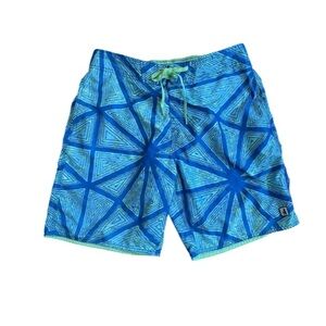 Johnnie O Half Elastic 8” Surf Shorts Trunks Riptide Size L Blue Neon Green Sz L